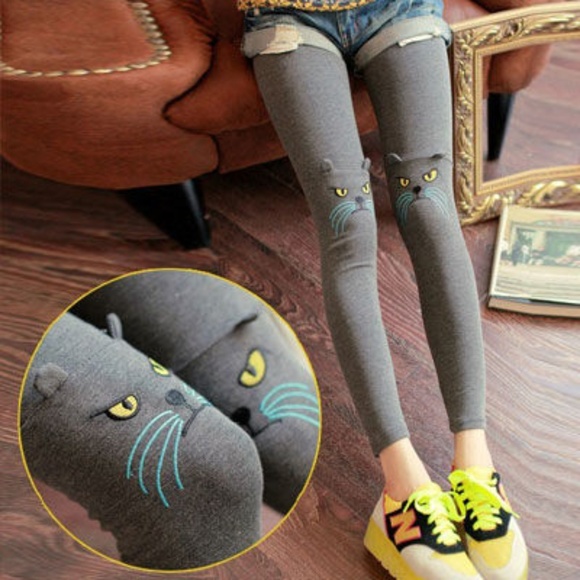 Pants - Cat Accent Grey Silver Stretchy Leggings